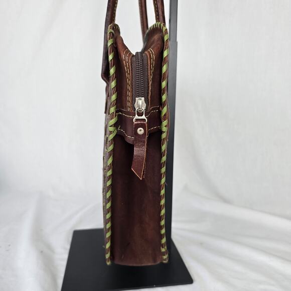 Leaders in Leather Tote Laptop Bag Hand Tooled Cutout Brown Green Paraguay - Picture 11 of 16